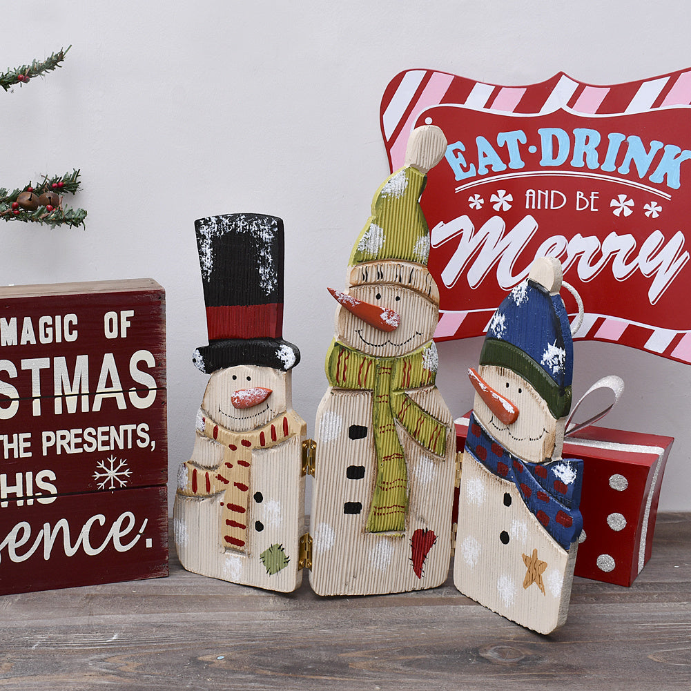 Christmas Decorations Wood Snowman Sign Holiday Xmas Home Decor Wooden Folding Triple Snowmen Screen Rustic Decorative Ornaments for Table Top Fireplace (Snowman)