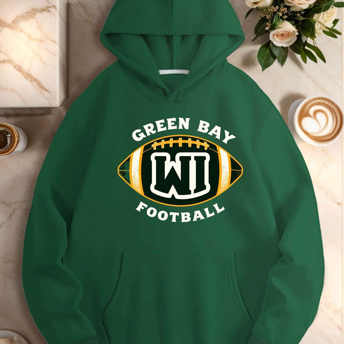 Women's Green Bay Football Hoodie - Casual Polyester Sweatshirt with Pockets, Long Sleeves, Machine Washable, Perfect for Fall/Winter