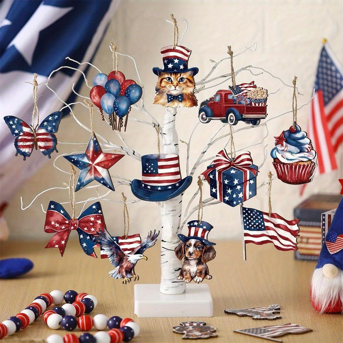 Patriotic Wooden Hanging Ornaments - Red, White & Blue American Flag Decorations for 4th of July, Memorial Day, and Independence Day Celebrations