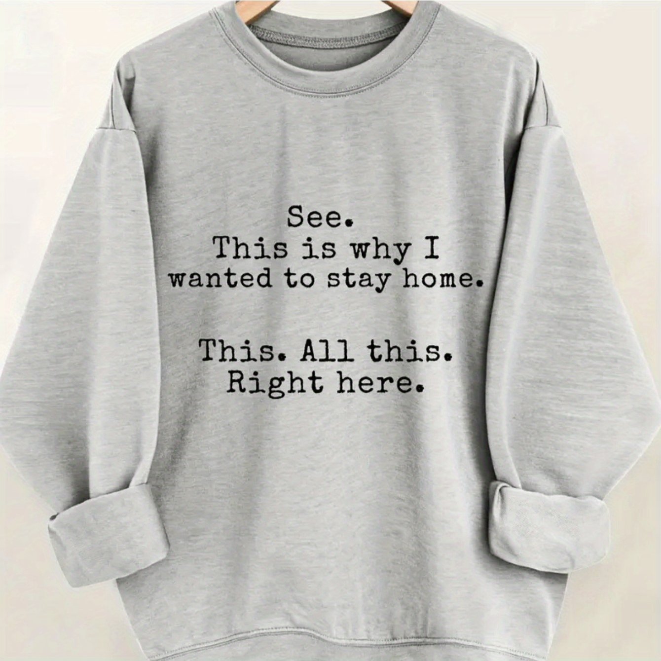 Women's Casual Crew Neck Letter Print Casual Sweater, Long Sleeve Pullover for Autumn/ Winter, Knit Grey Sweatshirt