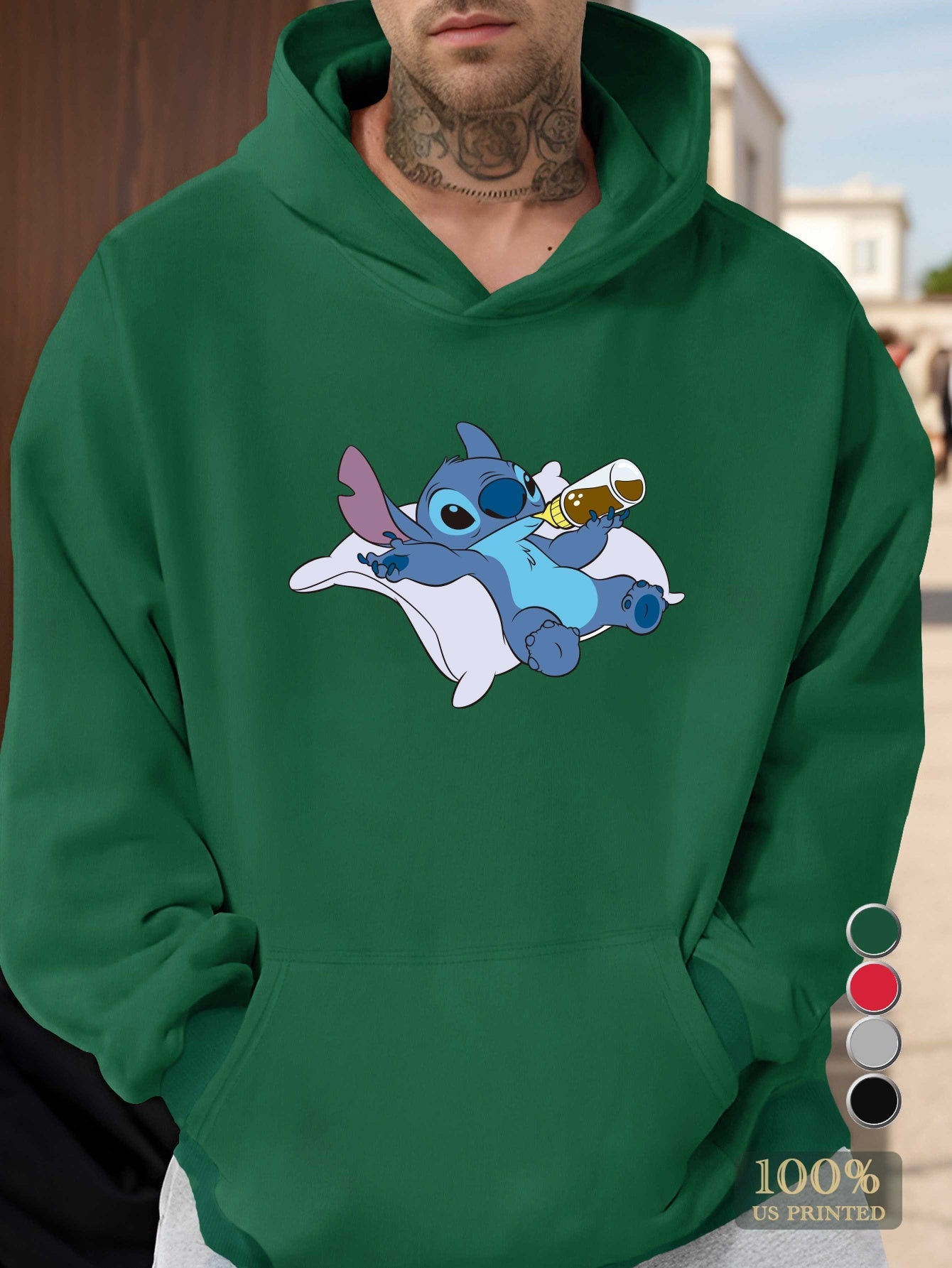 Disney Stitch Men's Hoodie - Official Stitch Graphic Pullover Sweatshirt, Loose Fit Hooded Sweatshirt for Adults, Fall/Winter Apparel (Green/Red/Black/Grey/) - Disney Fan Gift, Fall Season Apparel, Casual Winter Wear, Durable