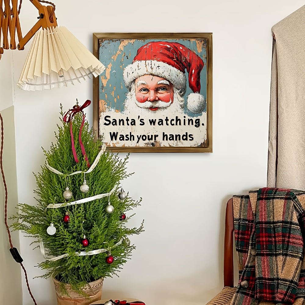 Woodcut Charming Rustic Santa Sign - Wall Art for Home & Bathroom Decor, Perfect Christmas Decor