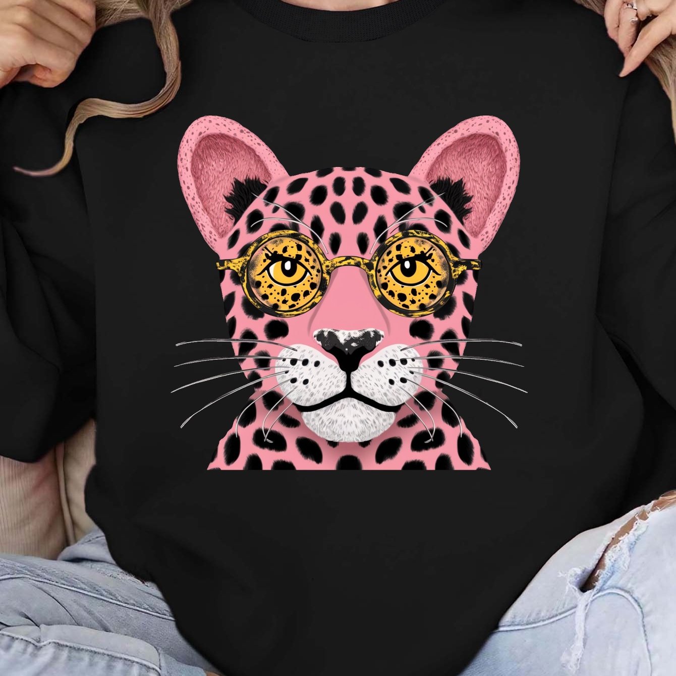 Stylized pink leopard face women's sweatshirts