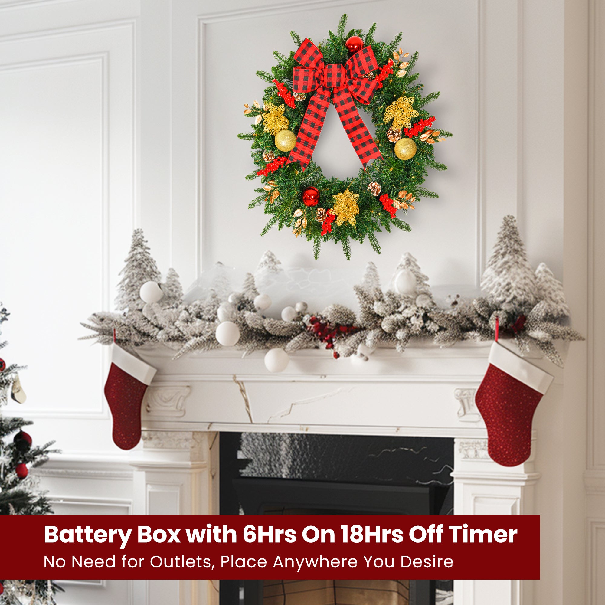 28inch 8 Modes Extra Large Pre-lit Christmas Wreath Artificial Deluxe Lighted Christmas Wreath Decorations Ornament with LED Lights Door Window Fireplace Decor Timer Function