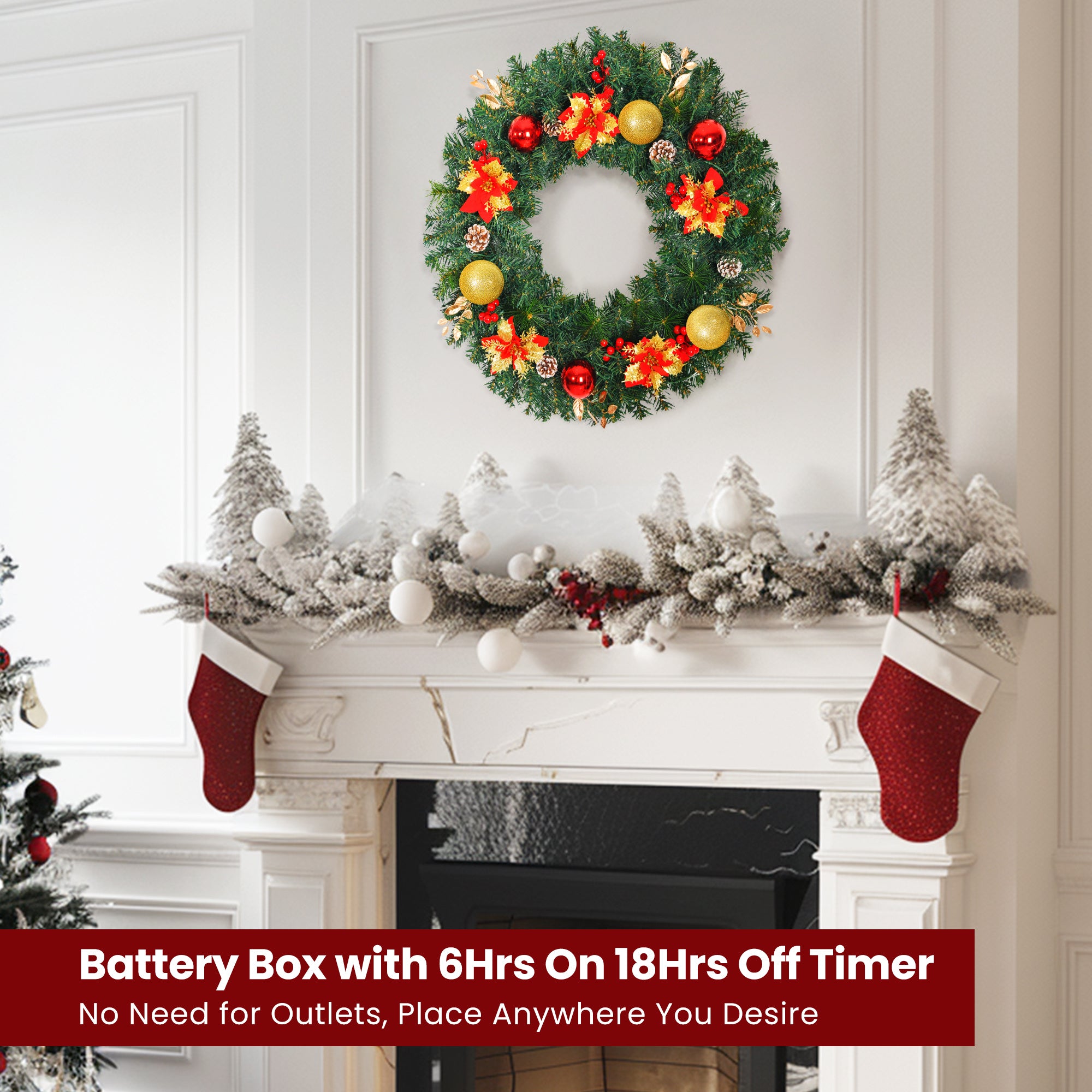 28inch 8 Modes Extra Large Pre-lit Christmas Wreath Artificial Deluxe Lighted Christmas Wreath Decorations Ornament with LED Lights Door Window Fireplace Decor Timer Function