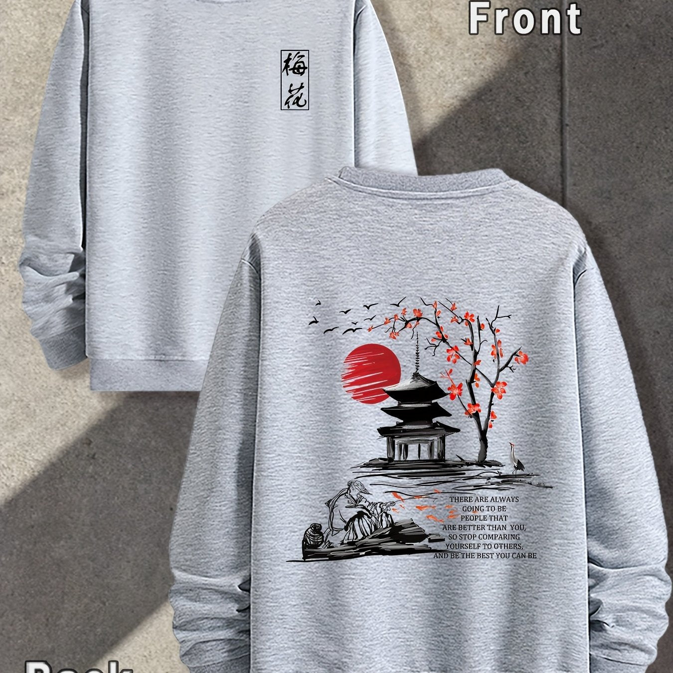 Spring And Autumn, Men'S Fashion Crew Neck Sweater, Plum Blossoms, Front And Rear Printing Patterns Of The Pavilion, Outdoor Wear Inside And Outside With The Same Crew Neck Sweater For Men And Women