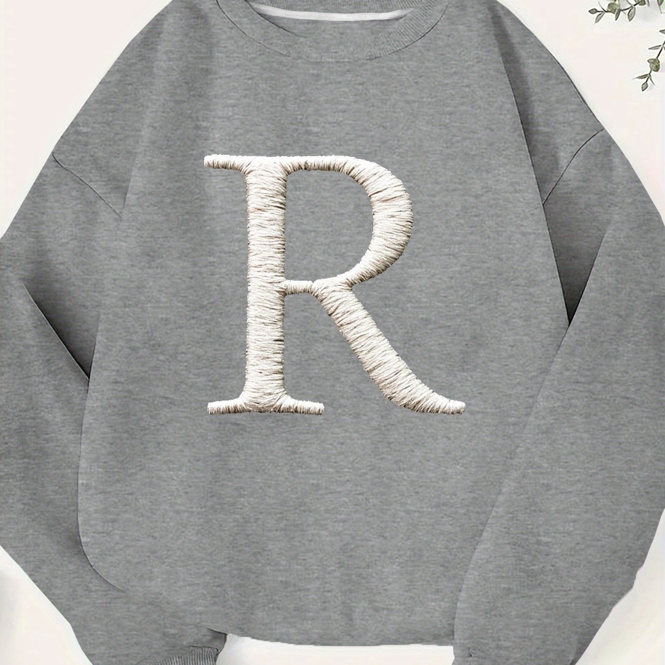 Women's Plus Size Embroidered Letter R Geometric Pattern Sweatshirt - Black & White Casual Long Sleeve Round Neck Pullover, Machine Washable Fall Winter Fashion Top, Cute Sweatshirts, Everyday Comfort, Relaxed Fit, Textured L