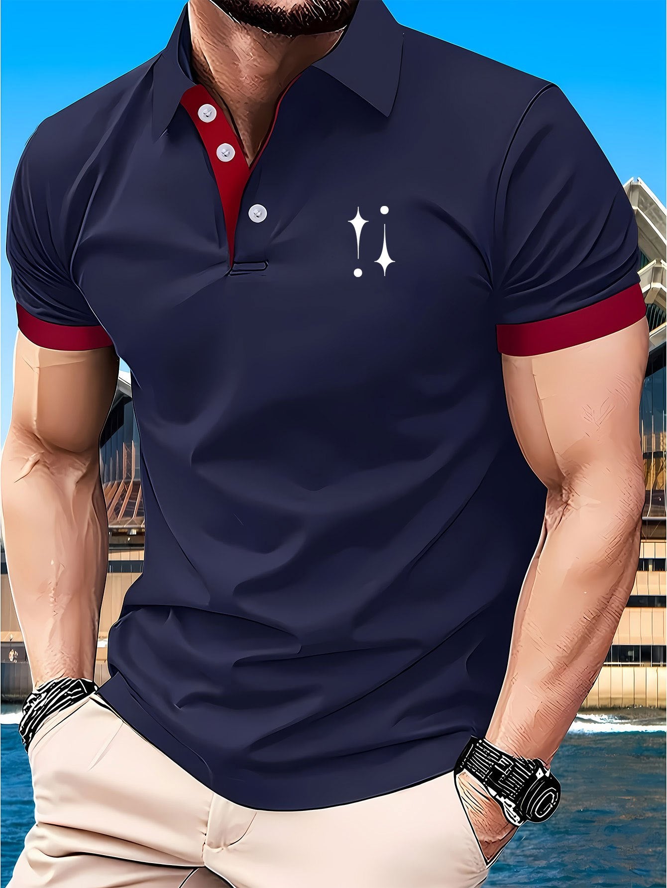 Men's 230g Lightweight Shirt - Summer Casual Short Sleeve Golf Top with Geometric Star Pattern, Contrast Red & White Trim, Breathable Regular Fit for Sports & Outdoor Activities, Golf Shirt, Active Lifestyle, Modern Design, D
