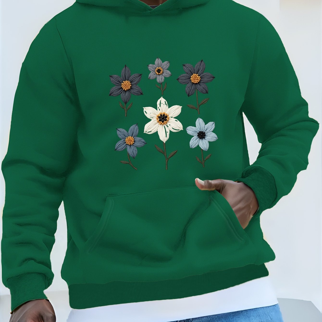 Men's Casual Hoodie with Embroidered Floral Design, Beaded Accents & Geometric Pattern - Black with Blue & Orange Flowers, Front Pockets, Machine Washable, Autumn/Winter Wear, Essential Hoodie