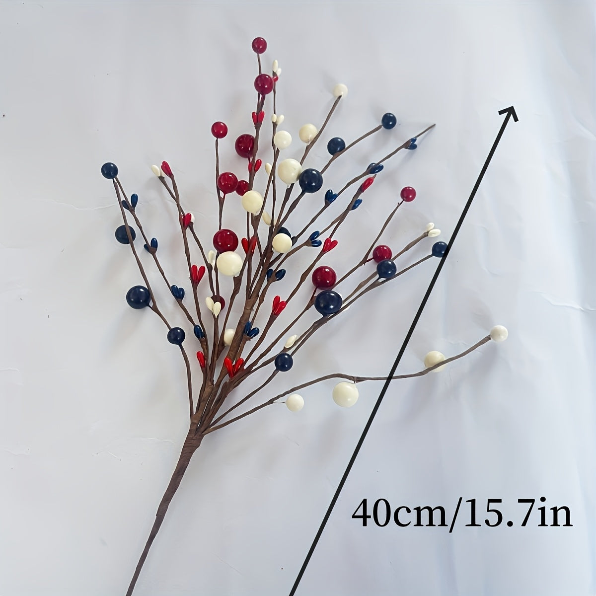 2D Flat, 5 Red, White, and Blue Artificial Berry Branches - Independence Day, Memorial Day, Parties, Tabletops, and Home Decor, Patriotic Style Plastic Fake Branches