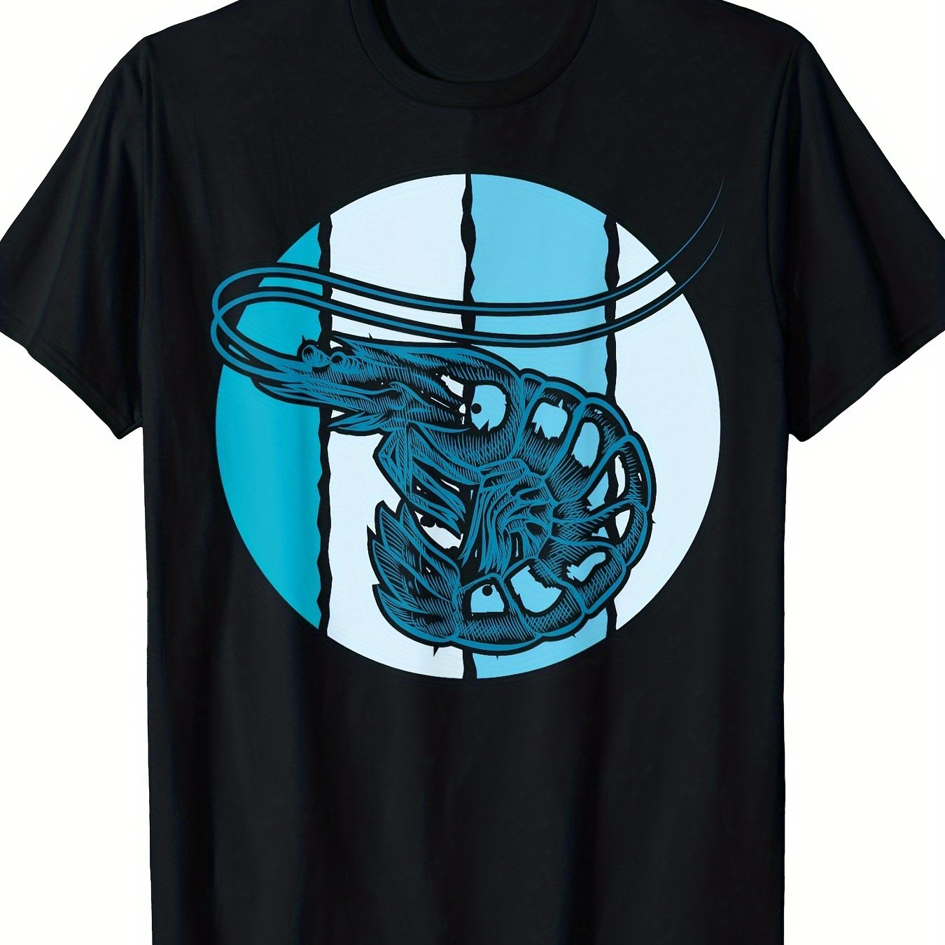 Men's Vintage Shrimp Seafood Lover Graphic T-Shirt - 100% Cotton Casual Round Neck Tee with Blue Circular Shrimp Print, Machine Washable & Dry Clean, All-Season Comfort Fit, Easy Care Clothing, Geometric Pattern Shirt, Microe