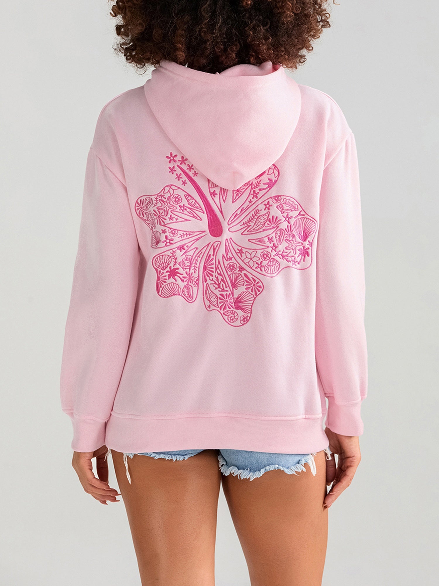 Womens Beach Hoodies Long Sleeve Flower Embroidery Oversized Sweatshirts Streetwear Tops