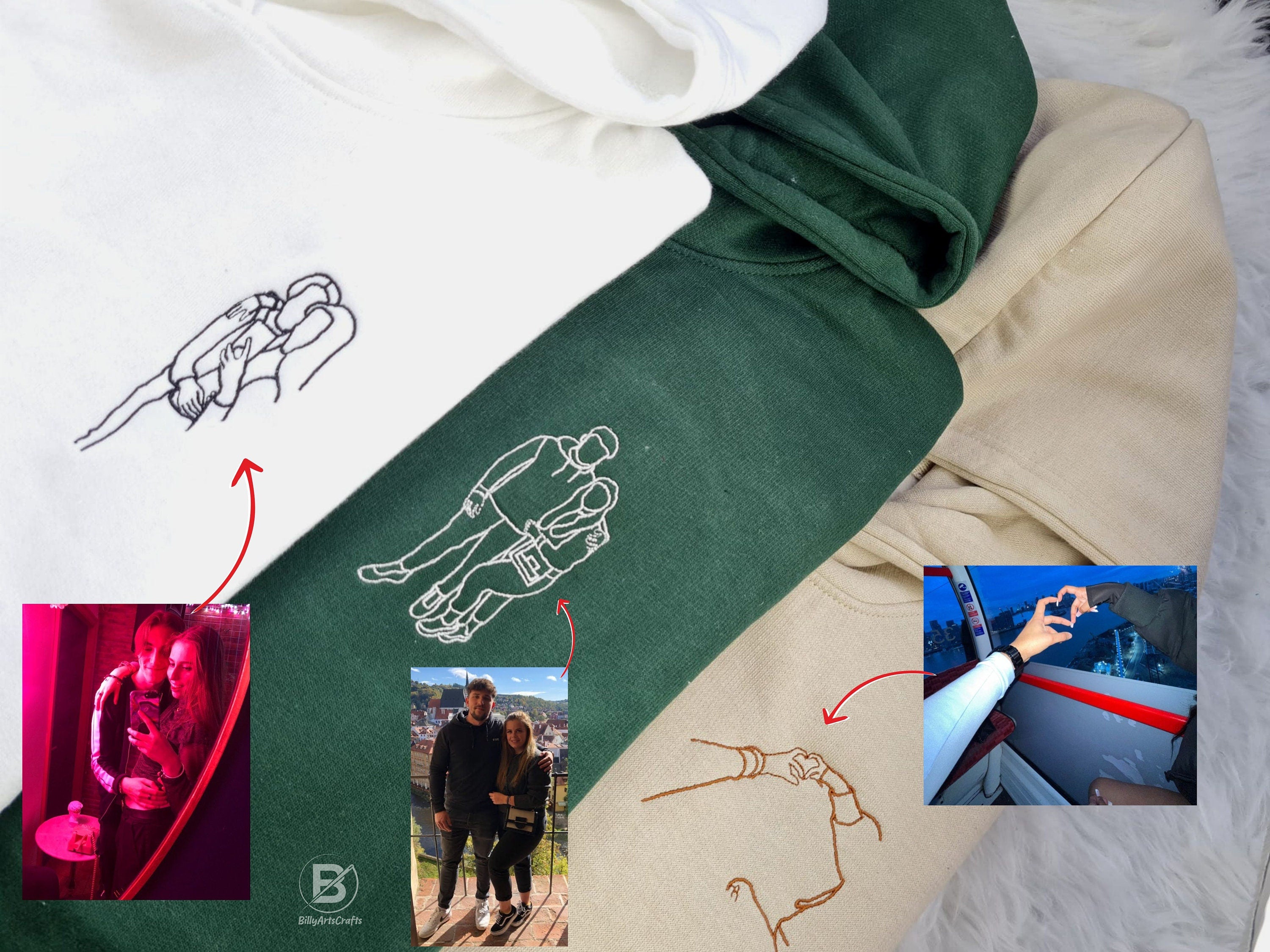 Personalised Outline Drawing Comfy Hoodies, Embroidered Sketch Portrait Hoody, Custom Couples Date On Sleeve Jumpers, Memorial Gifts for him