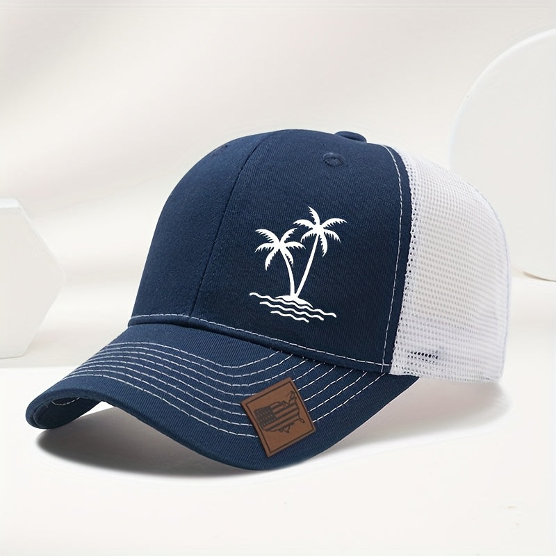 Sports Outdoor Sunshade Fashion Coconut Tree Pattern Print Exquisite Small Faux Leather Badge Hard Top Baseball Cap Hip Hop Duckbill Hat Casual Versatile Fashion Mesh Cap Men and Women Universal Outdoor Party Truck Driver Hat