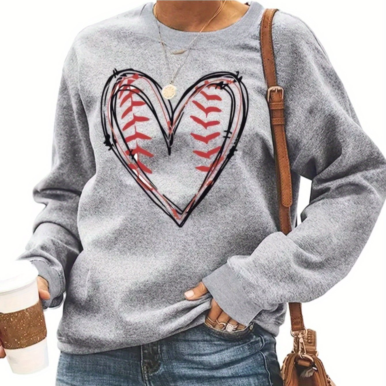 Women's Casual Crew Neck Sweater - Grey Knit Pullover with Baseball Heart Print, Long Sleeve Cozy Sweatshirt for Fall/Winter, Soft Polyester Blend, Machine Washable, Knit Sweater