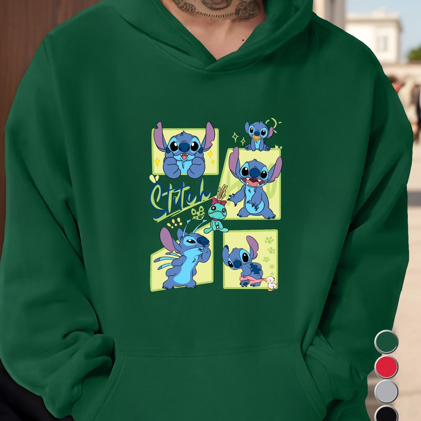 Men'S Stitch Cartoon Character Hoodie - Gray Casual Pullover with Front Pocket, Loose Fit, Long Sleeve, Non-Stretch Fabric for Fall/Winter, Cute Hoodies