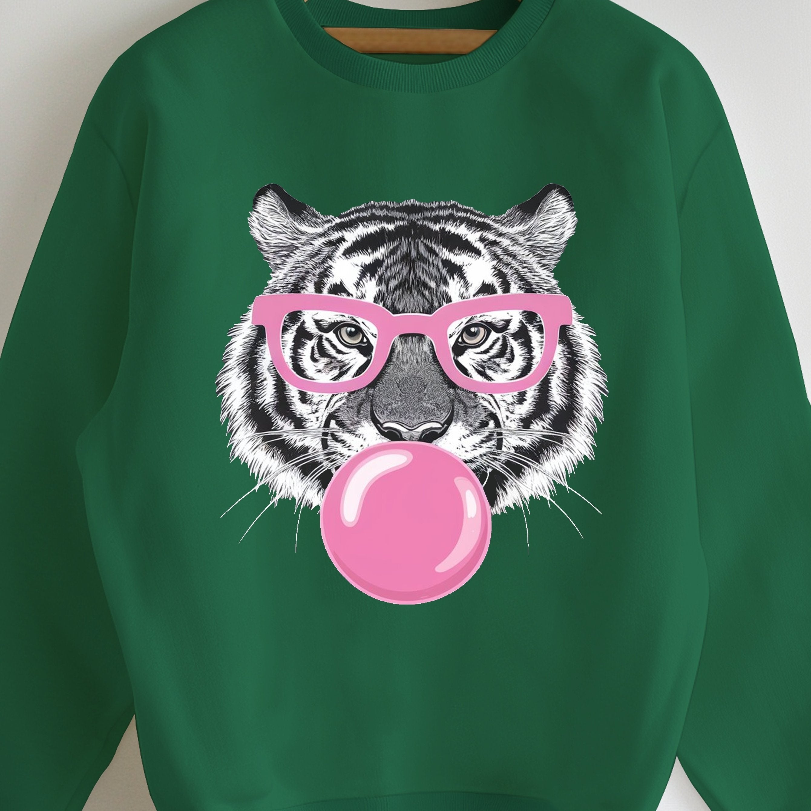 Women's Cozy Green Tiger Bubblegum Graphic Sweatshirt - Casual Crew Neck, Long Sleeve, 100% Polyester Pullover, Machine Washable - Perfect for Fall/Winter