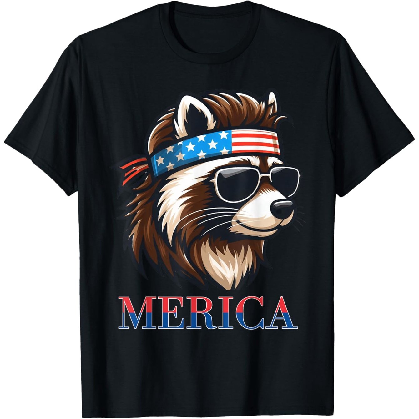 Mullet Raccoon Merica Patriotic 4th of July T-Shirt for Men - 100% Cotton Loose Fit Casual Tee with USA Flag Fashion Glasses & Bandana Design, S-XXXL, Everyday Comfort, Breathable Fabric, Holiday Outfit, Graphic Print, Comfor