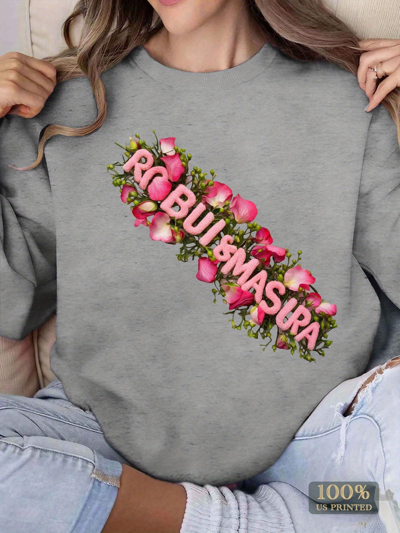 RobiulMasura Elegant Floral Embroidered Women's Sweatshirt - Cozy Polyester, Round Neck, Machine Washable - Perfect for Fall/Winter