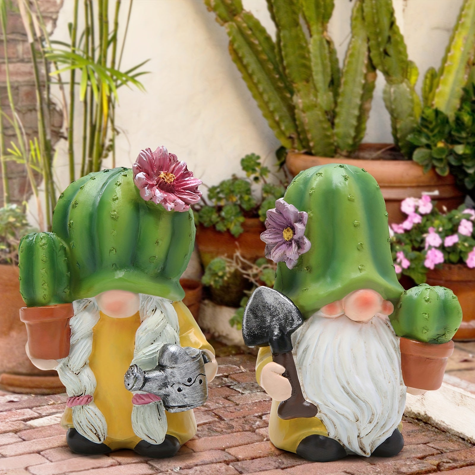 Resin Cactus Garden Gnomes Figurines - Spring Summer Green Plant Elf Decor, Tiered Tray Cacti Flower Gnome, Southwest Style Desert Outdoor Statues for Indoor and Outdoor Use