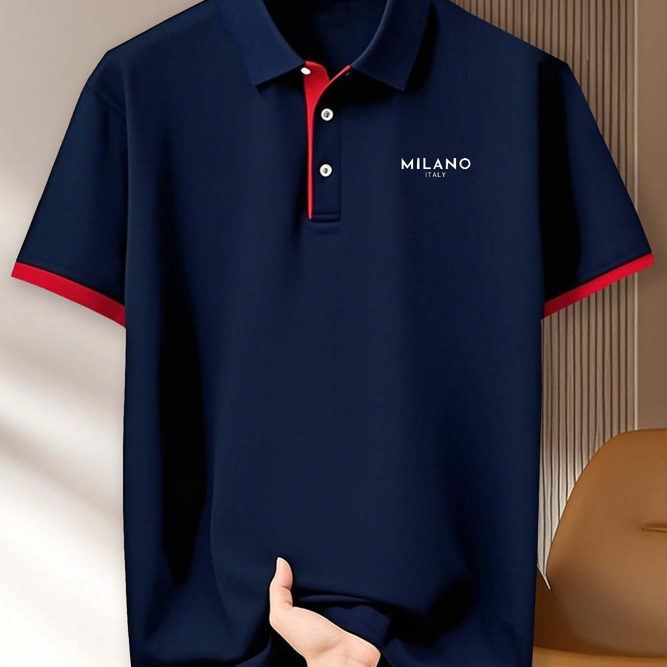 (230g) with MILANO letter print, Men's fashionable short-sleeve shirt for summer daily wear, suitable for fitness, running, and training, Men's short-sleeve golf shirt, business casual, can be used as a gift
