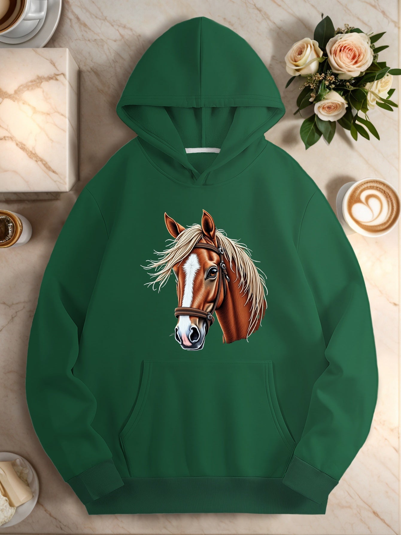 Plus Size Women'S Hoodie with Embroidered Horse Head & Harness Design - Cozy Long Sleeve Pullover with Pockets, Black Casual Fall/Winter Top, Oversized Hoodie