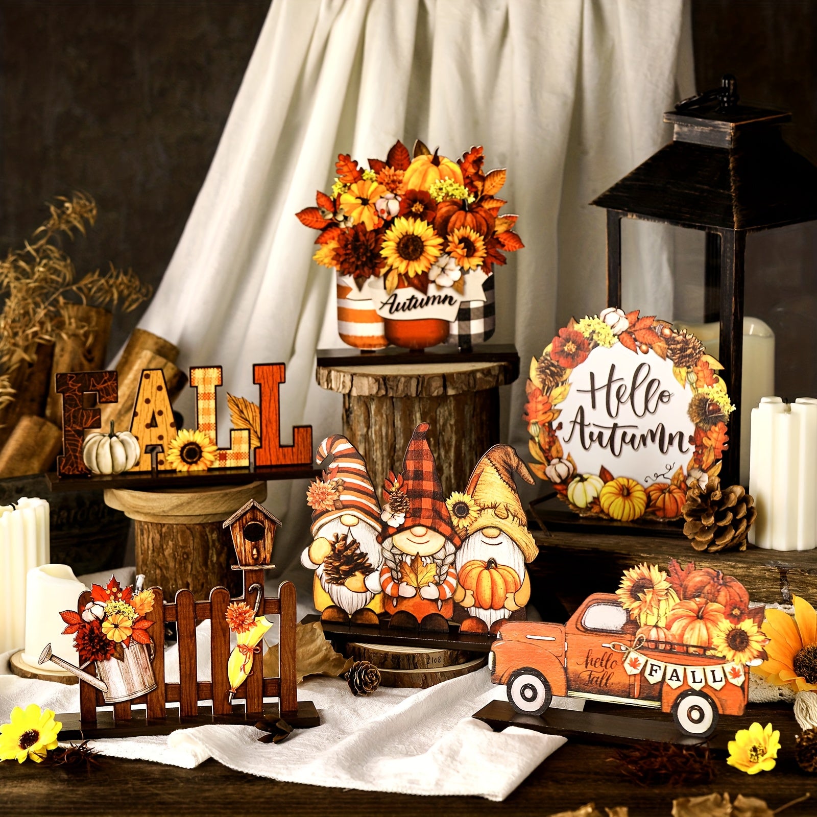 Wooden Table Decorations Wood Tabletop Sign Centerpiece Rustic Decorations for Office Desk Farmhouse Home Kitchen Tiered Tray Decor Shelves Table Decorative (Maple Pumpkin)