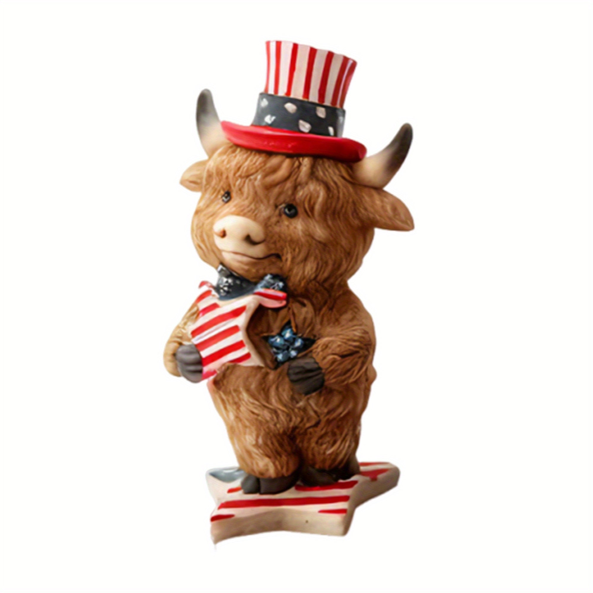 Mother'S Day Independence Day Birthday Gift New Casual, Elegant And Fashionable Patriotic Highland Cow Statue Cute Resin Animal Statue Independence Day Indoor And Outdoor Garden Decoration
