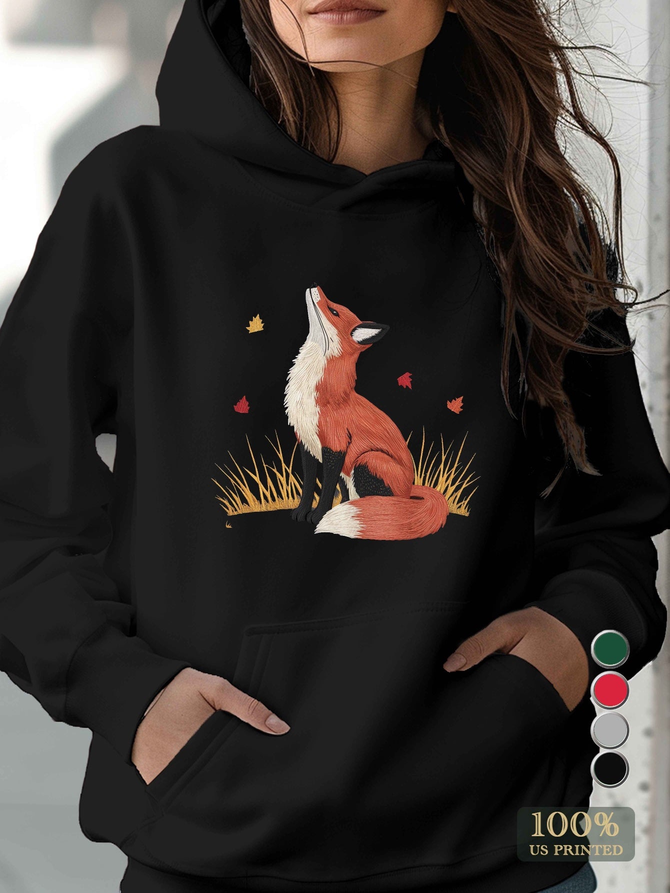 Embroidered red fox illustration teediy Women's hoodies