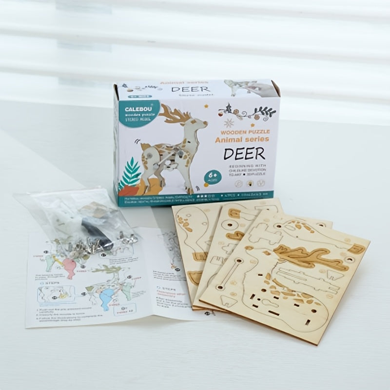 Walking Deer Wooden Three-dimensional Puzzle Toy Mechanical Gear Handmade DIY Puzzle Christmas Gift Desktop Ornaments Decorative Crafts