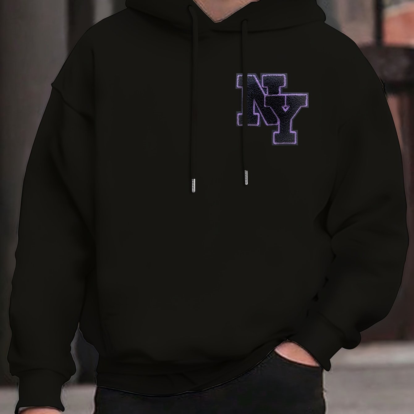New York Embroidered Men's Hoodie - Casual Pullover with Drawstring, Long Sleeve & Kangaroo Pocket | Cozy Polyester Blend for Fall/Winter