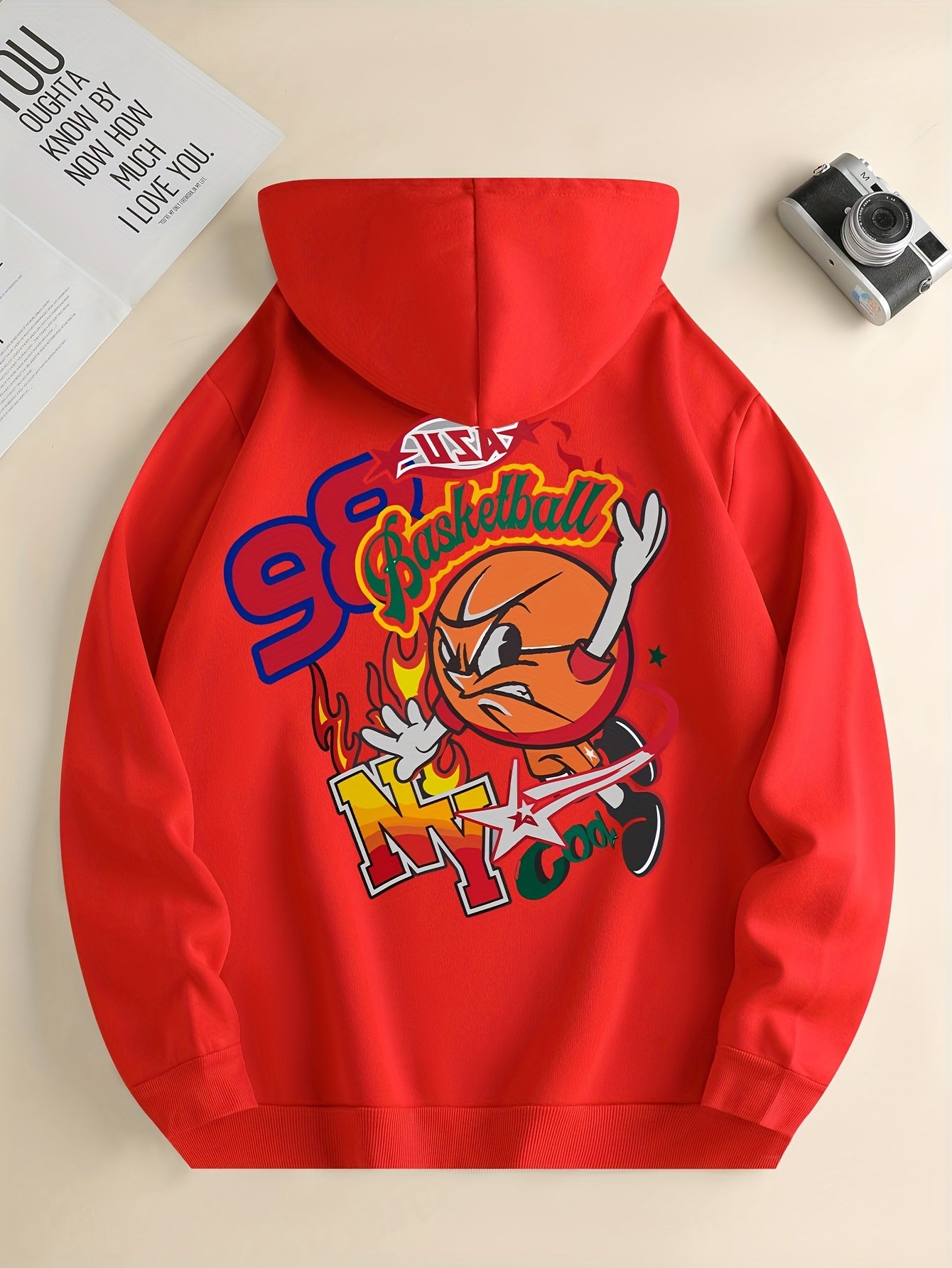 Men'S Trendy Hoodie with Basketball Print - Casual Drawstring Pullover with Kangaroo Pocket, Polyester & Spandex Blend, Machine Washable
