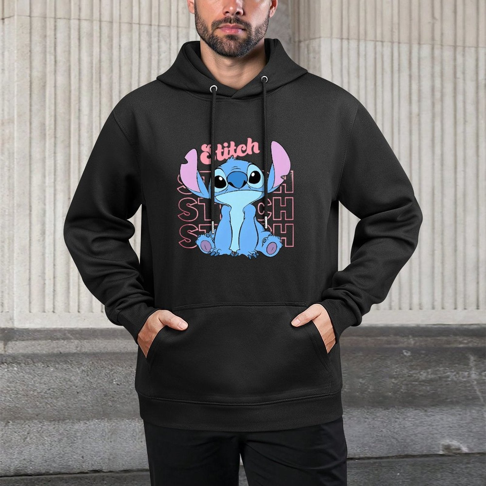 Disney Men'S Black Retro Pullover Hoodie with Stitch Cartoon Character Disney Friends Digital Print, Soft Regular Fit Casual Sweatshirt, Machine Washable, Disney Sweatshirt