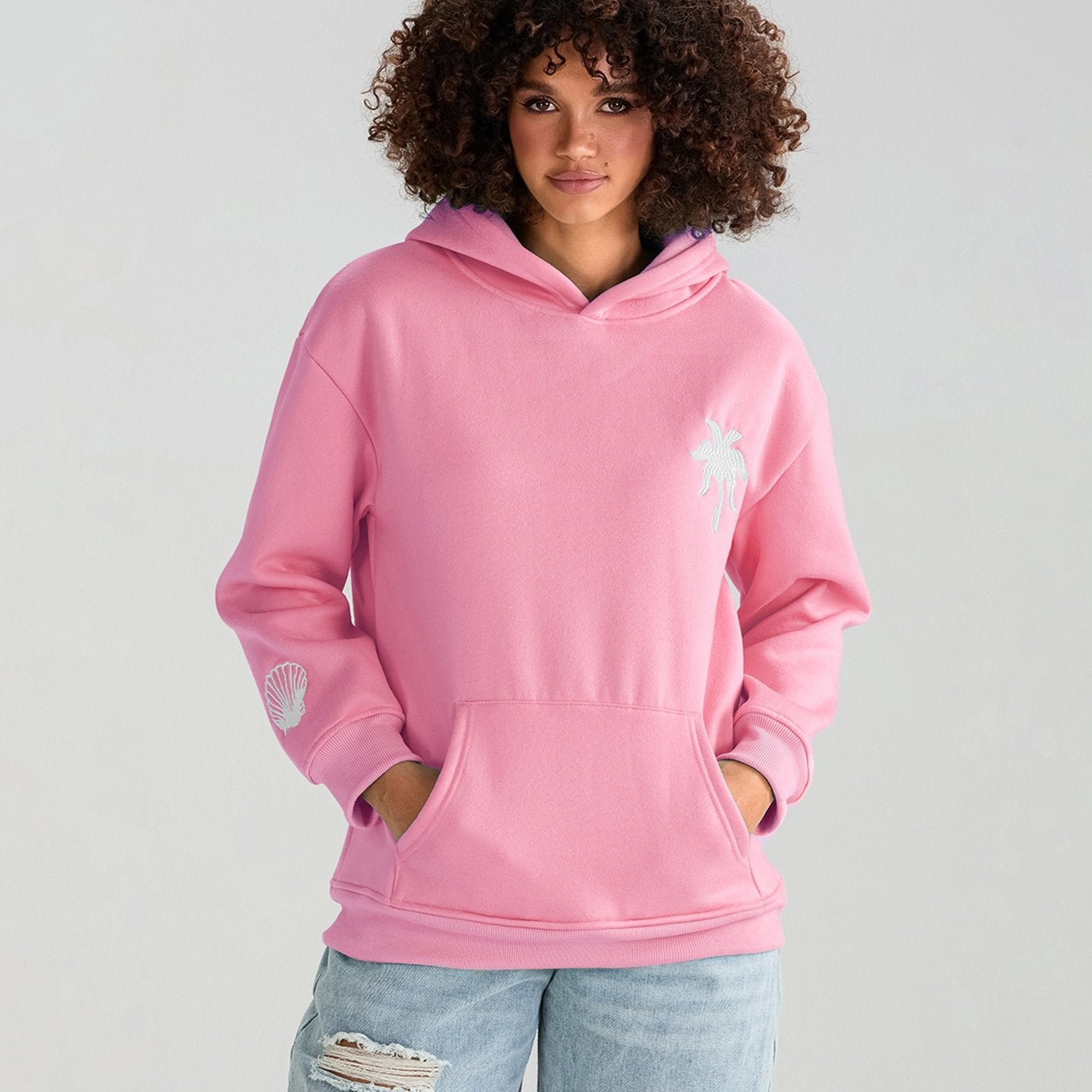 Womens Beach Hoodies Long Sleeve Flower Embroidery Oversized Sweatshirts Streetwear Tops