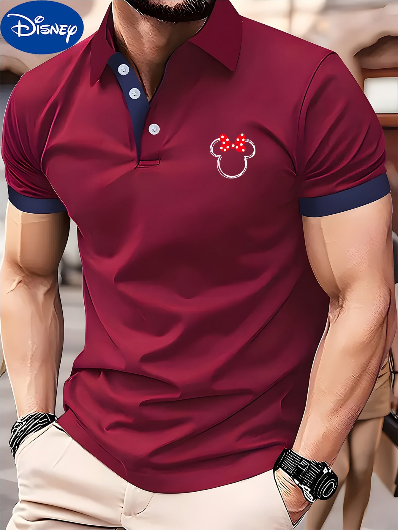 Disney Minnie Mouse Bow Print Men's Shirt - Maroon & Navy Color Block Collar & Cuffs, Lightweight Quick-Dry Polyester, Breathable Golf & Tennis Shirt, Business Casual Summer Top, Machine Washable Gift for Him, Breathable Poly