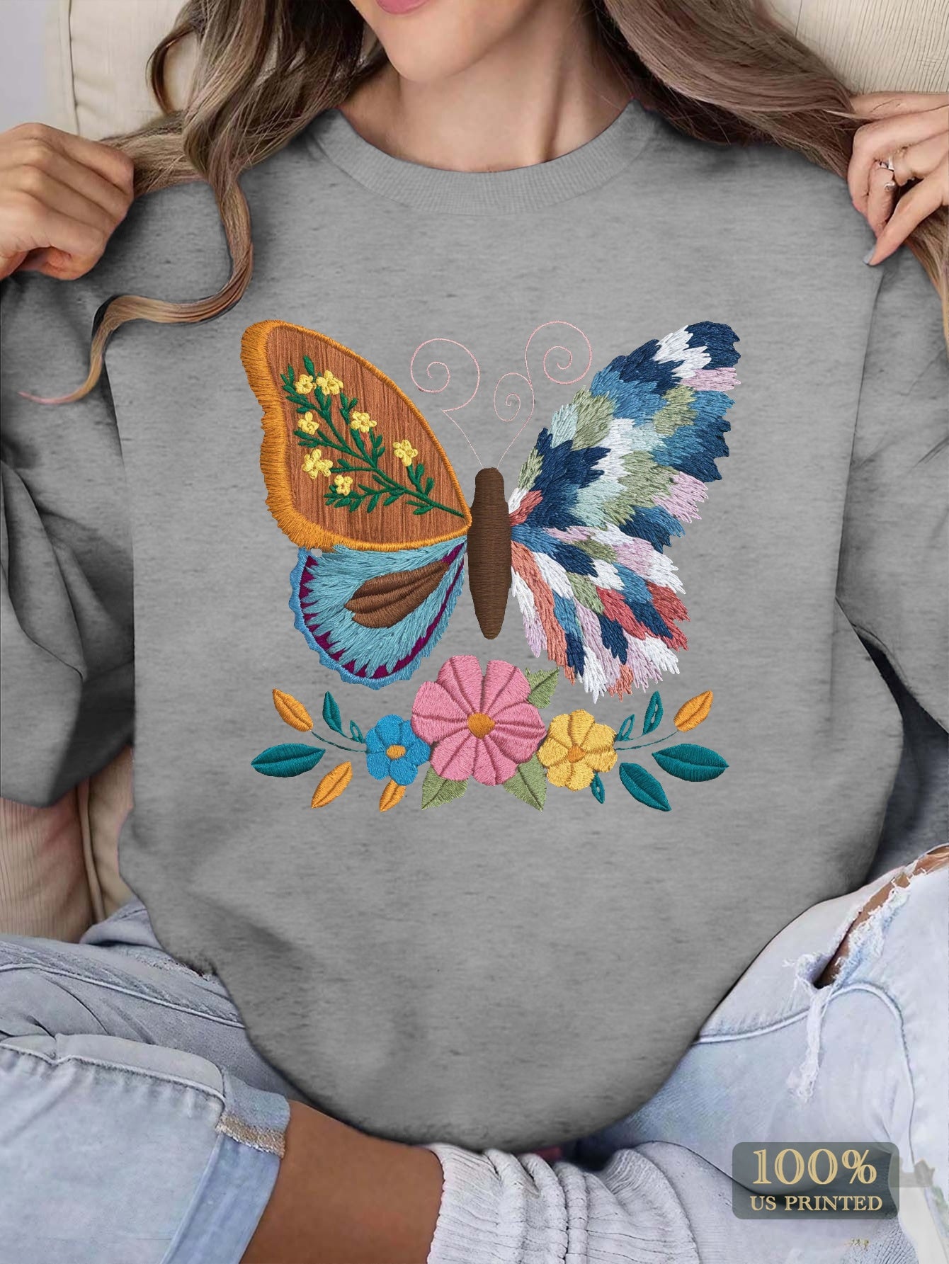 Women'S Casual Crew Neck Sweatshirt with Intricate Embroidered Butterfly and Floral Design, Geometric Pattern, Polyester Knit Fabric, Regular Length - Fall/Winter Collection
