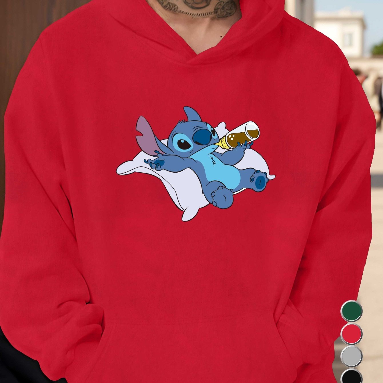 Disney Stitch Men's Hoodie - Official Stitch Graphic Pullover Sweatshirt, Loose Fit Hooded Sweatshirt for Adults, Fall/Winter Apparel (Green/Red/Black/Grey/) - Disney Fan Gift, Fall Season Apparel, Casual Winter Wear, Durable