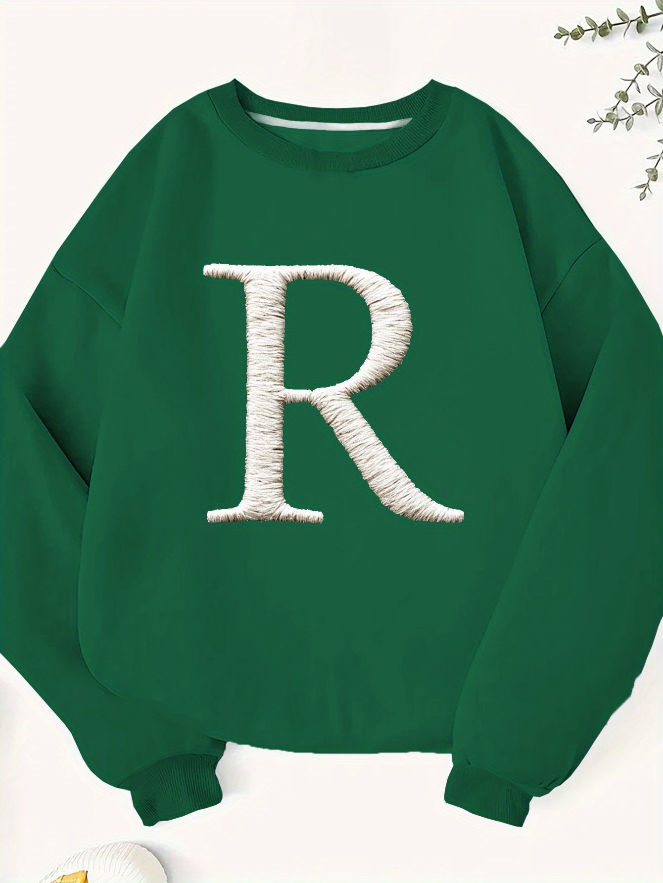 Women's Plus Size Embroidered Letter R Geometric Pattern Sweatshirt - Black & White Casual Long Sleeve Round Neck Pullover, Machine Washable Fall Winter Fashion Top, Cute Sweatshirts, Everyday Comfort, Relaxed Fit, Textured L