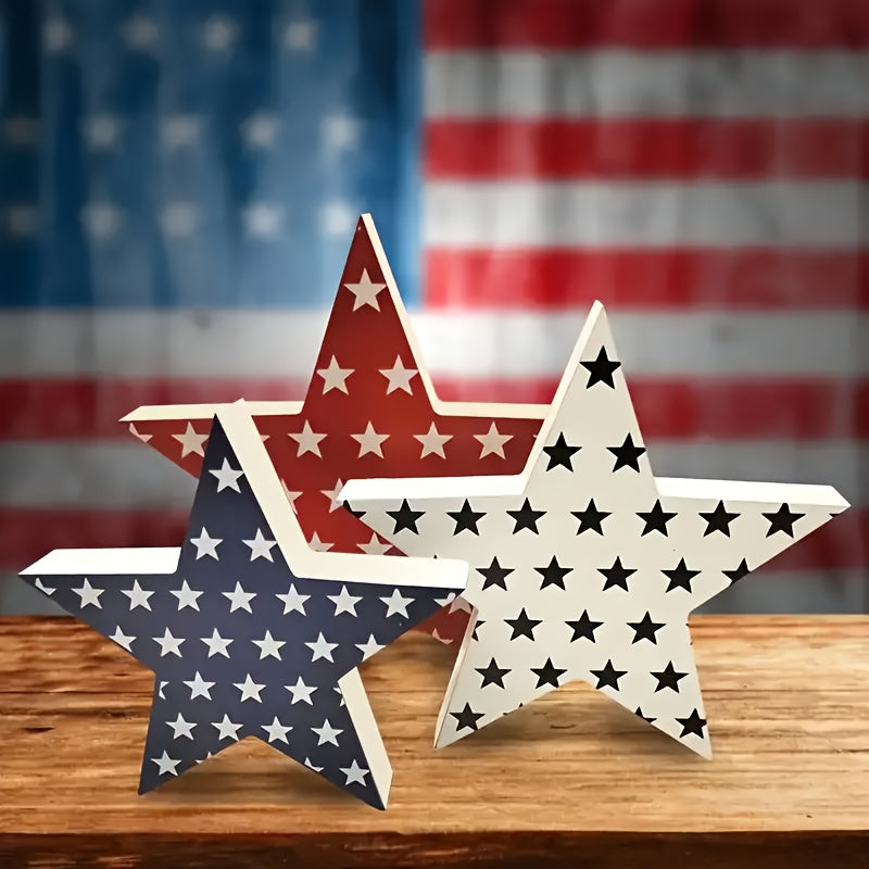 Patriotic American Flag Star Table Decorations - Artificial Wood Cascading Tray Signs with Liberty & Freedom Inscriptions, Red White Blue Independence Day Memorial Day Home Office Party Centerpieces, No Electricity Needed, In