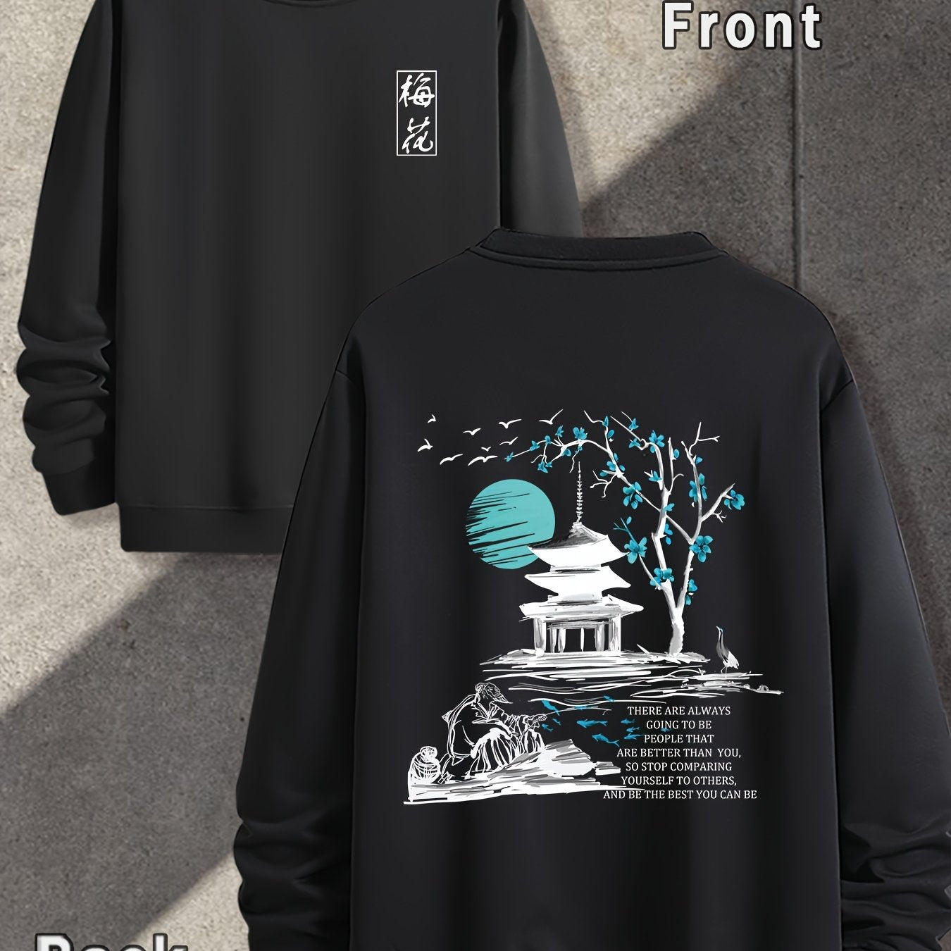 Spring And Autumn, Men'S Fashion Crew Neck Sweater, Plum Blossoms, Front And Rear Printing Patterns Of The Pavilion, Outdoor Wear Inside And Outside With The Same Crew Neck Sweater For Men And Women