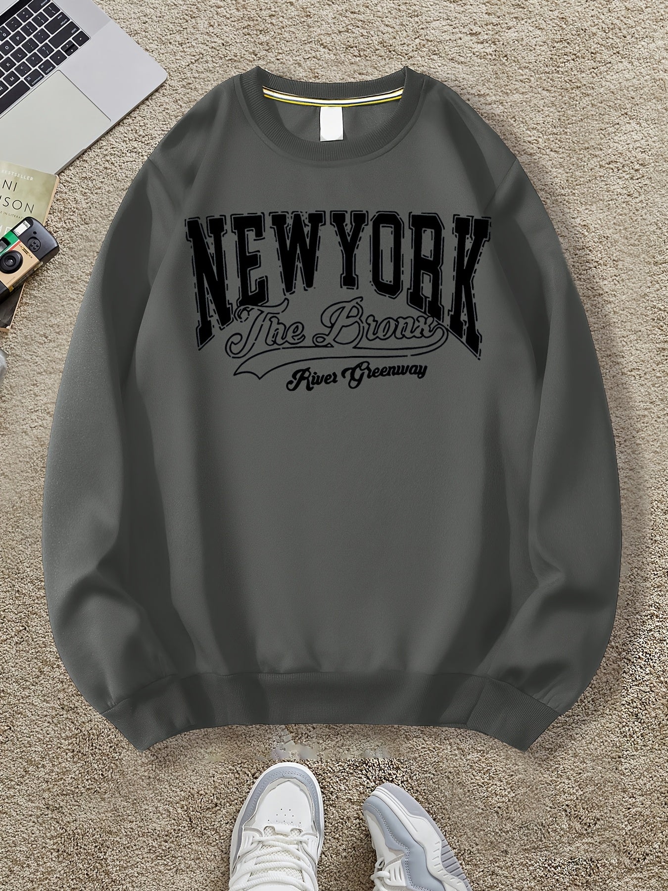 Men's Casual New York Graphic Sweatshirt - Soft Polyester, Loose Fit, Round Neck, Long Sleeve, Machine Washable, Perfect for Spring & Fall, Unique Print Design, Casual Wear | Urban Style Sweatshirt | Soft Polyester Fabric