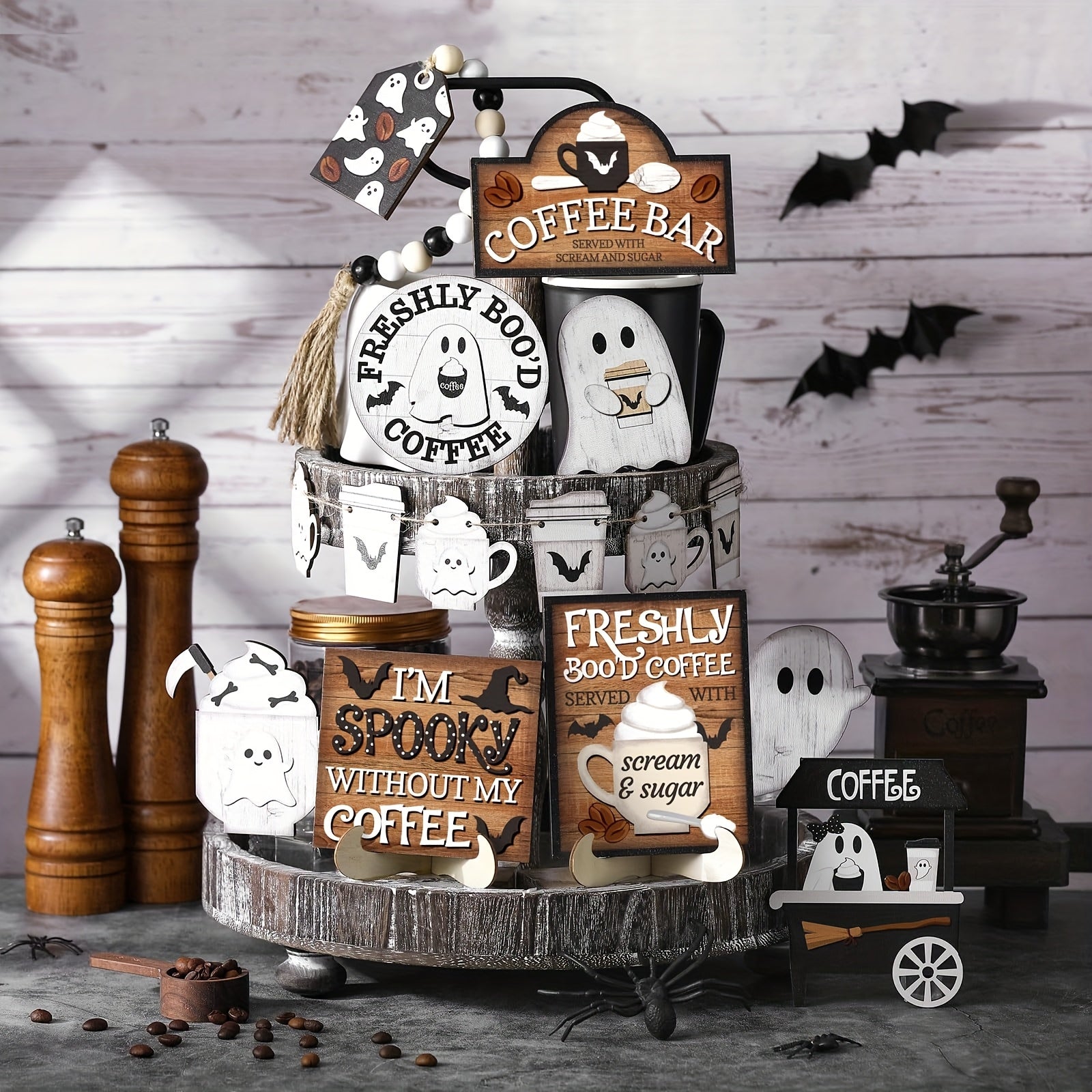 Halloween Tiered Tray Decor Coffee Ghost Decorations Wooden Signs And Bead Garland Farmhouse Rustic For Home Table Party Supplies, Black, White