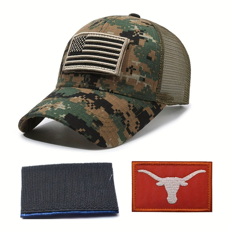 Camouflage Casual Baseball Cap, with 3 Replaceable Embroidered Patches, Eagle, Longhorn, National Flag, Outdoor Enthusiasts, Casual Wear, Essential for Sports, Suitable for Men and Women
