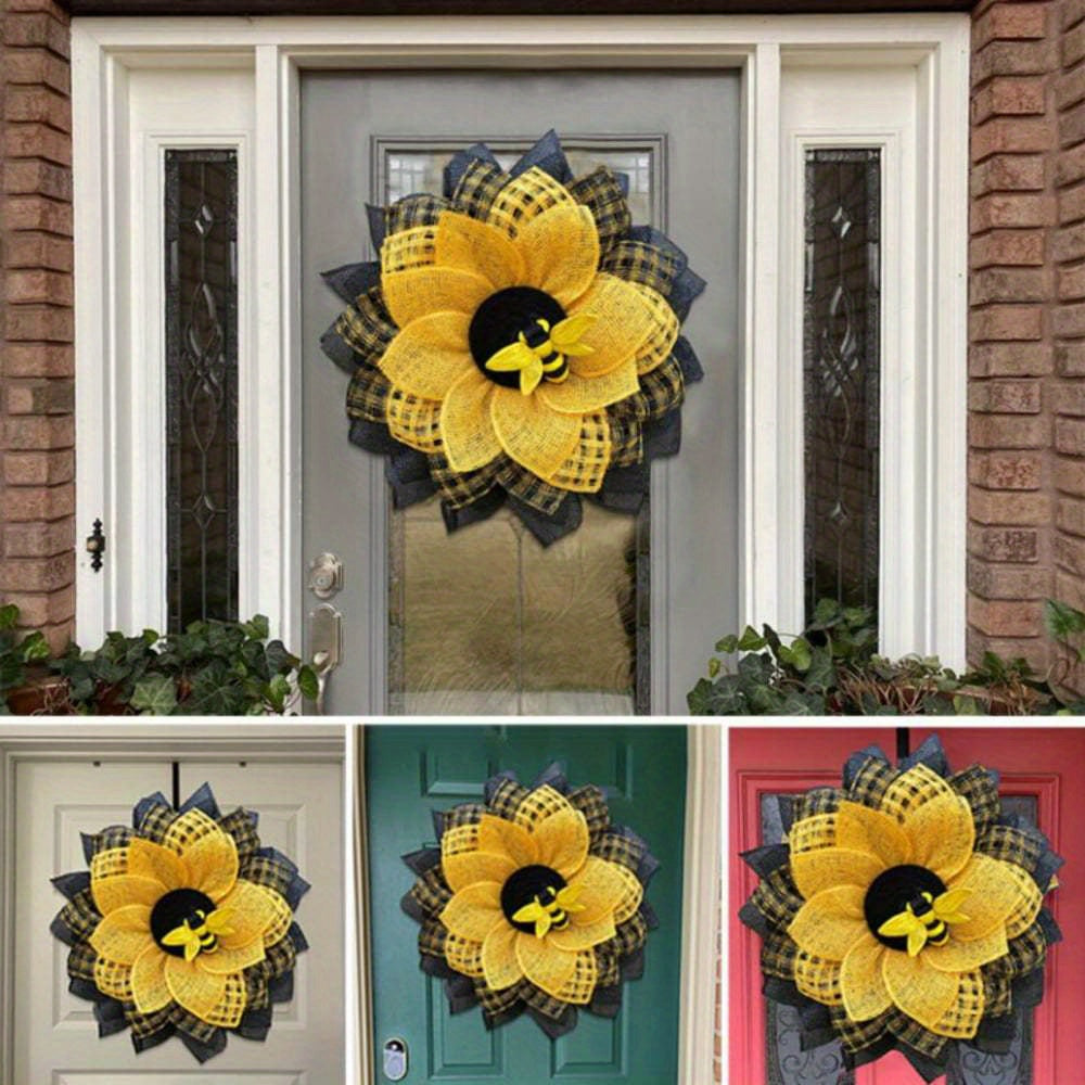 Rustic Burlap Sunflower Wreath with Bee Decor - Farmhouse Wall Art & Front Door Hanging for Easter, Spring, Summer, St. Patrick’s Day - No Electricity Needed, Vibrant Yellow & Black Checkered Design, Sunflower Outdoor Decor