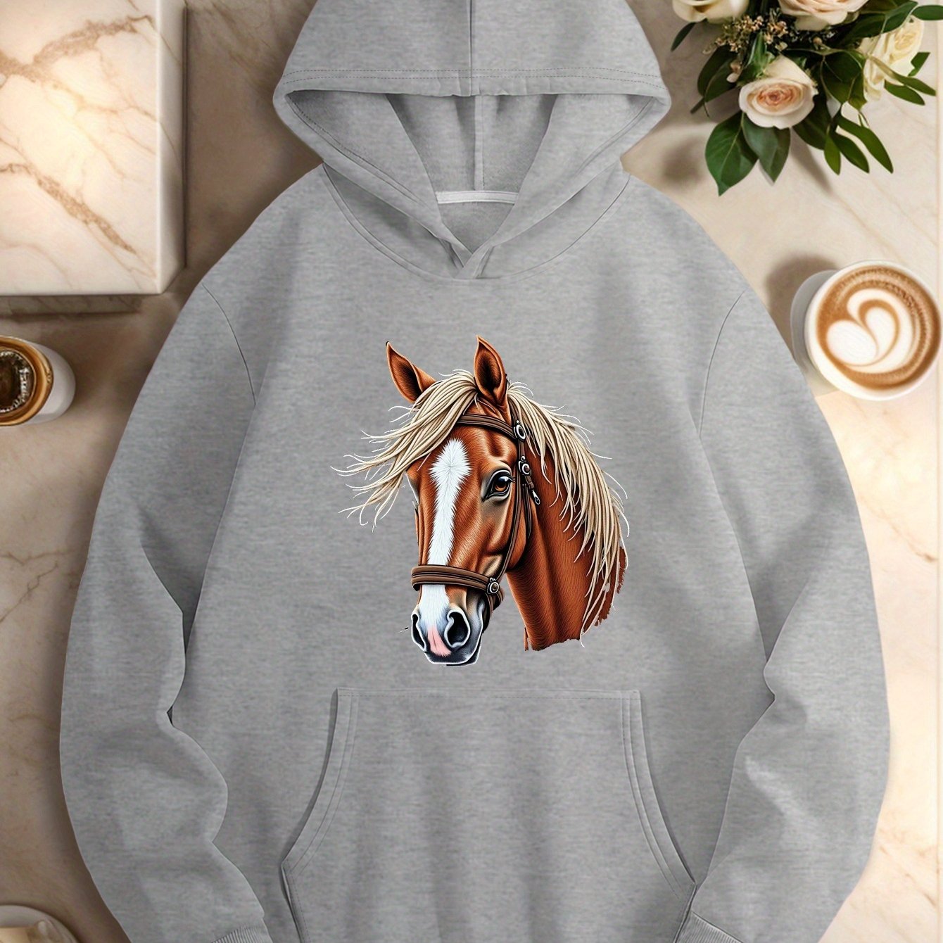 Plus Size Women'S Hoodie with Embroidered Horse Head & Harness Design - Cozy Long Sleeve Pullover with Pockets, Black Casual Fall/Winter Top, Oversized Hoodie