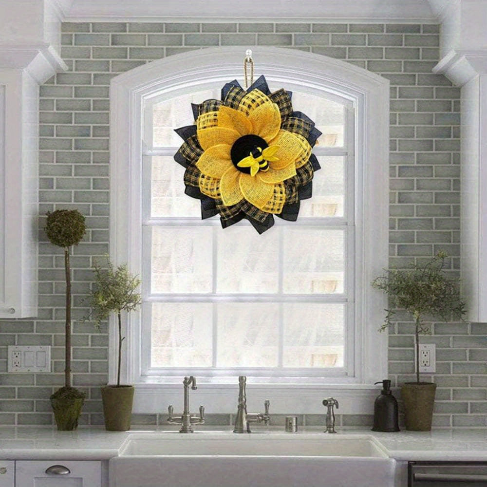 Rustic Burlap Sunflower Wreath with Bee Decor - Farmhouse Wall Art & Front Door Hanging for Easter, Spring, Summer, St. Patrick’s Day - No Electricity Needed, Vibrant Yellow & Black Checkered Design, Sunflower Outdoor Decor