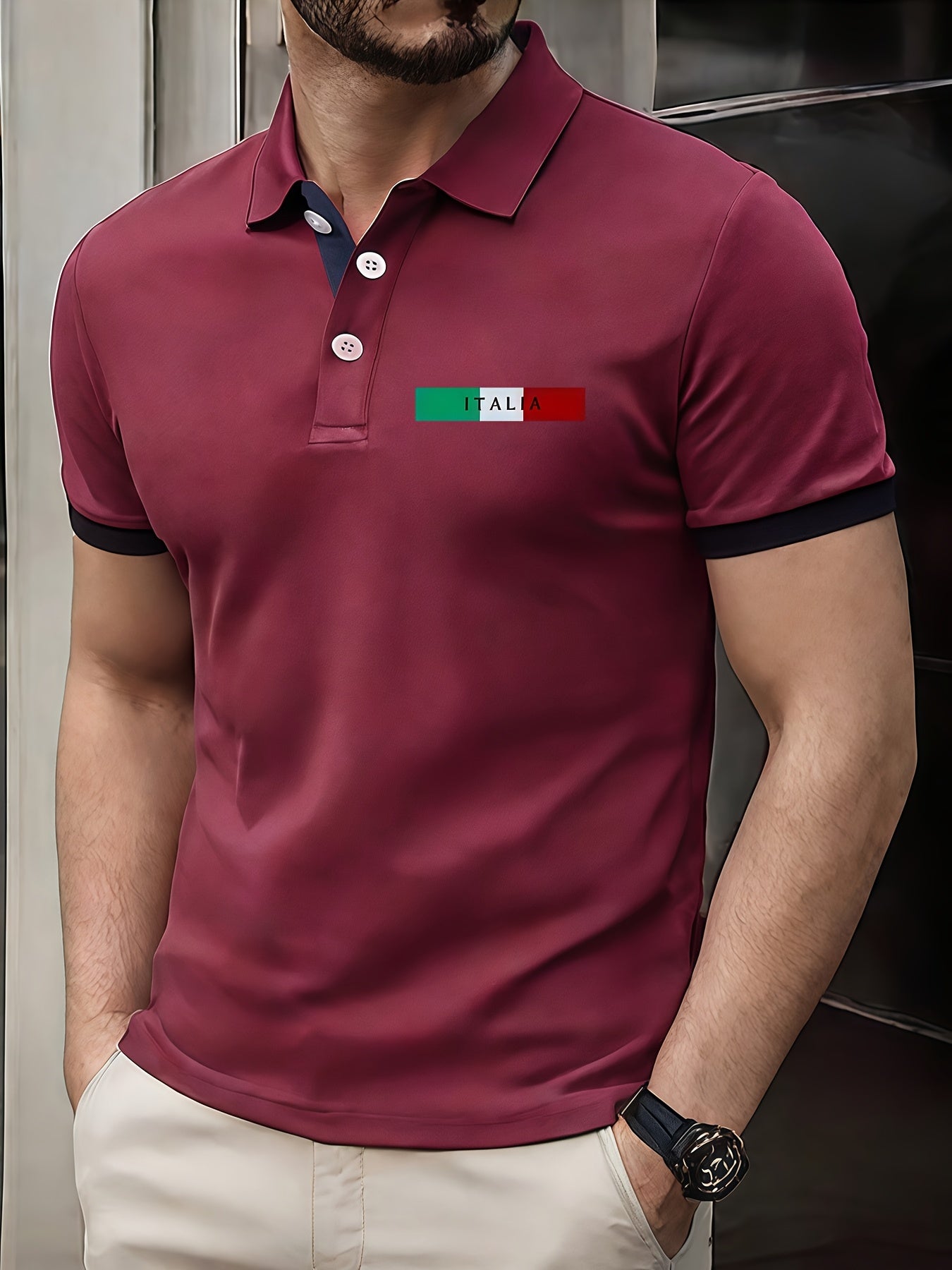 ITALIA Pattern Print, Short Sleeve Golf Shirt Suitable for Business and Leisure Occasions, Men's Clothing, Slim Fit Short Sleeve Golf Shirt as a Gift