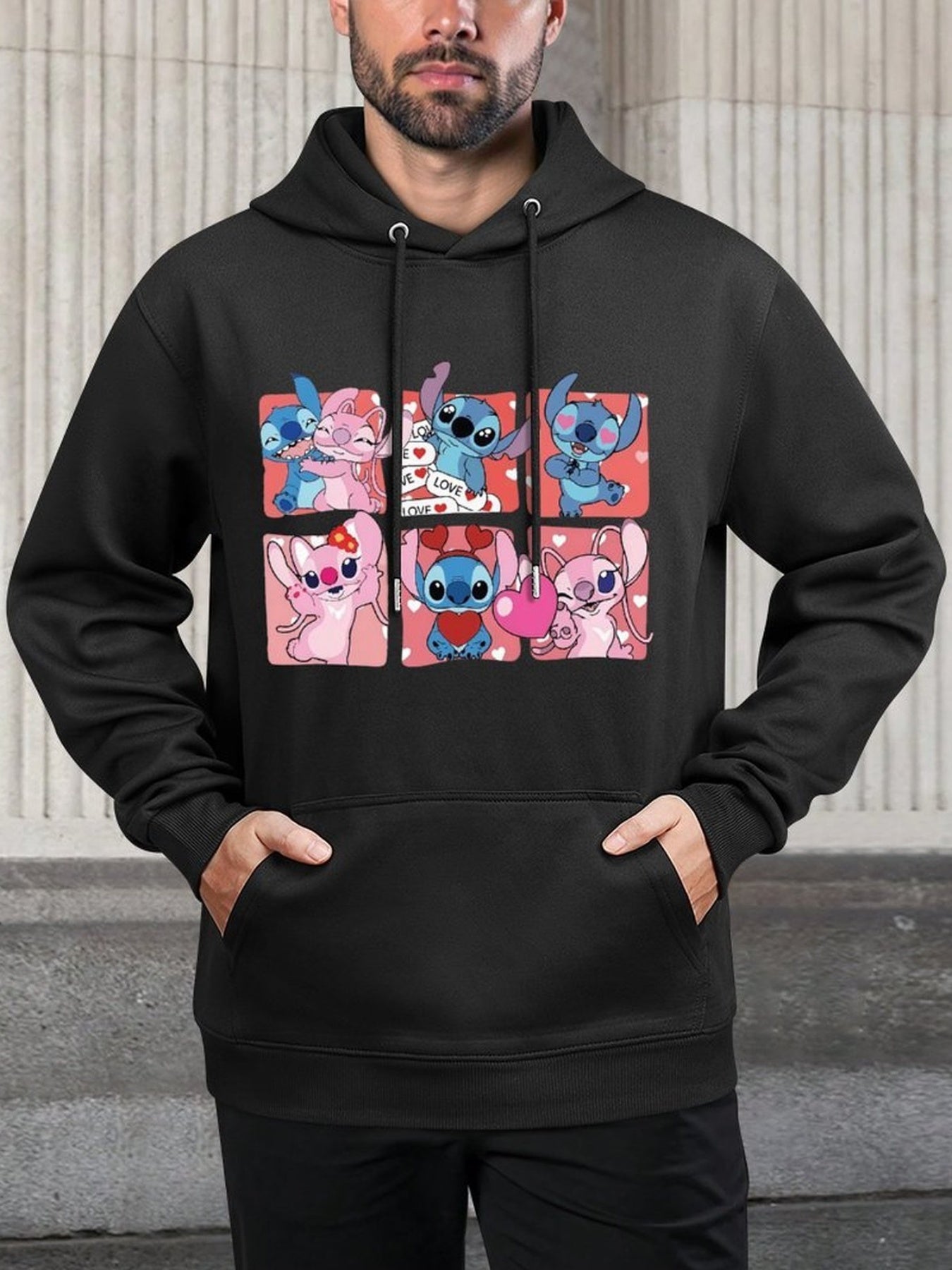 Disney Men's Black Retro Pullover Hoodie with Stitch & Angel Valentine's Digital Print, Soft Regular Fit Casual Sweatshirt, Machine Washable, Front Pocket, Disney Friends Graphic Design, Disney Hoodie, Durable Comfort Wear