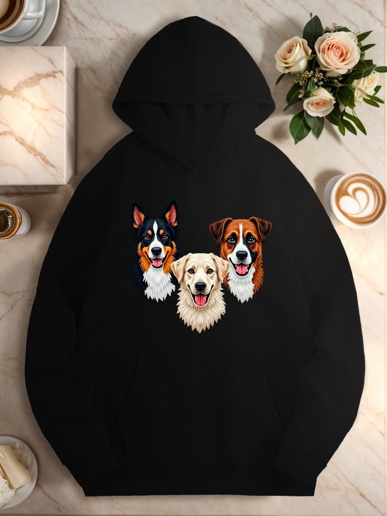 Three Embroidered Dog Faces Women'S Plus Size Casual Hoodies