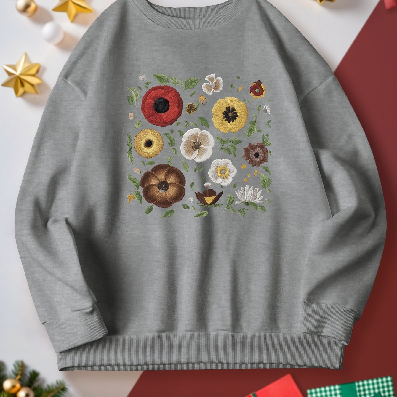 Women's Plus Size Floral Embroidery Sweatshirt - Casual Crew Neck, Long Sleeve Pullover for Fall/Winter, Machine Washable